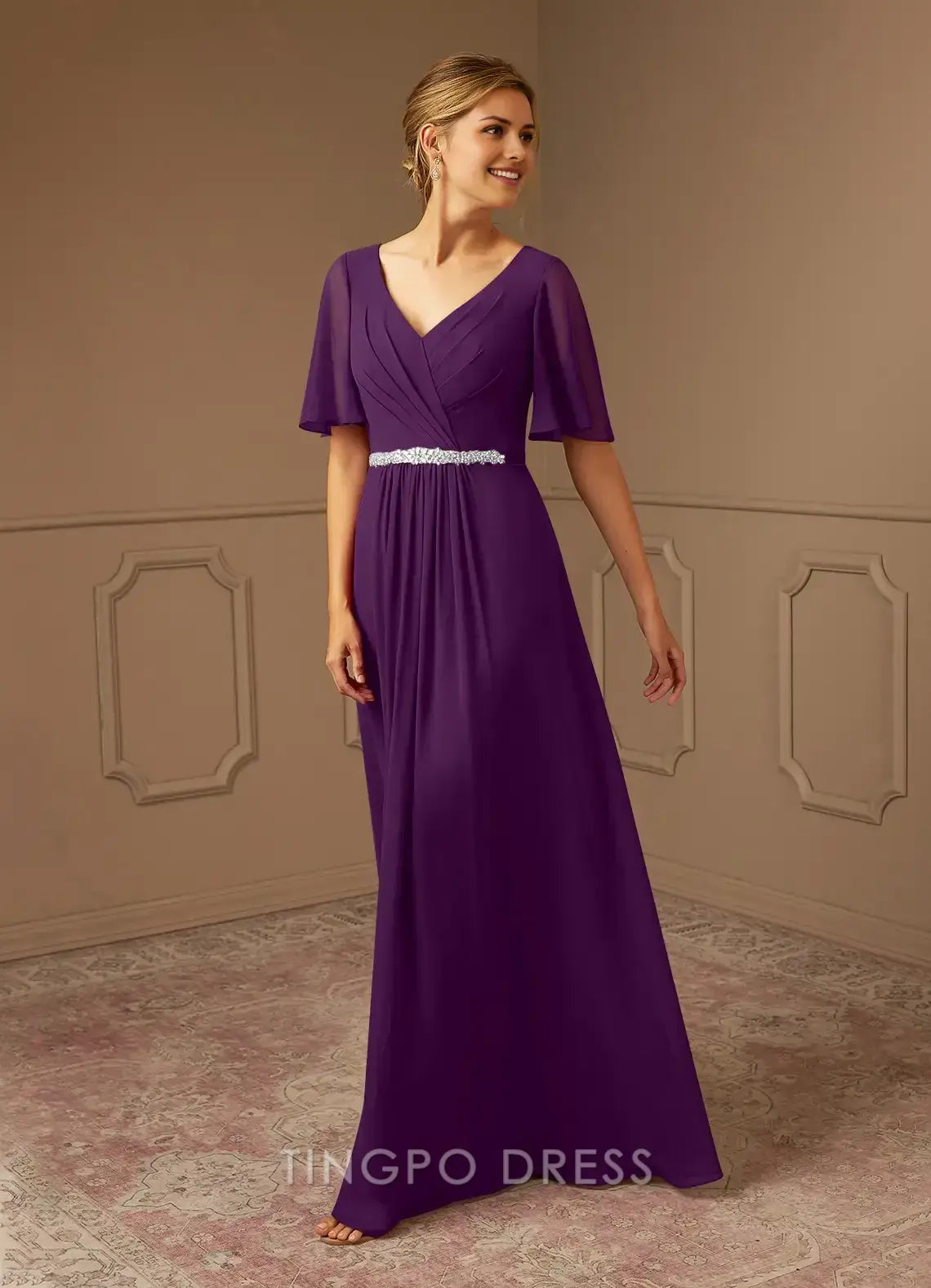 TingPo Wholesale Elegant Elegant V - Neck Chiffon Evening Gown with Sheer Flutter Sleeves and Embellished Waist: Perfect for Formal Occasions